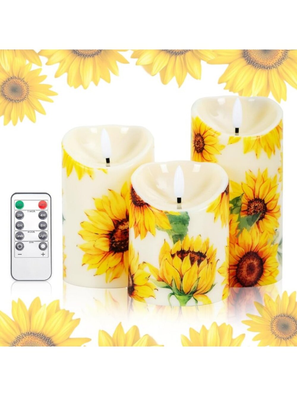 Set of 3 Sunflower Flameless LED Candles - Battery Operated Pillar Decor for